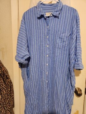 Light Blue & White Striped Linen Blend Button-Up Shirt Dress Sz Large B:62"